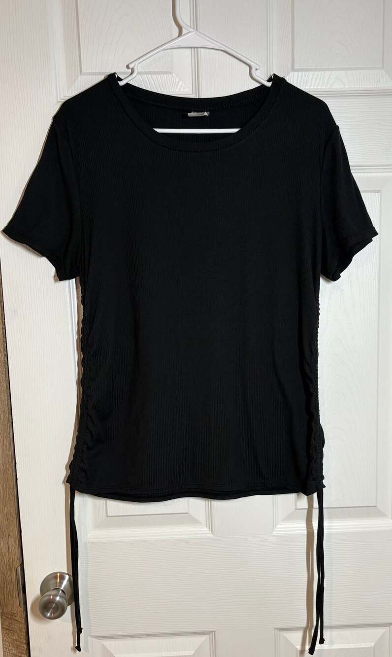 Black Ribbed Side Ruched Drawstring Short Sleeve T-Shirt Plus Size XXL 19
